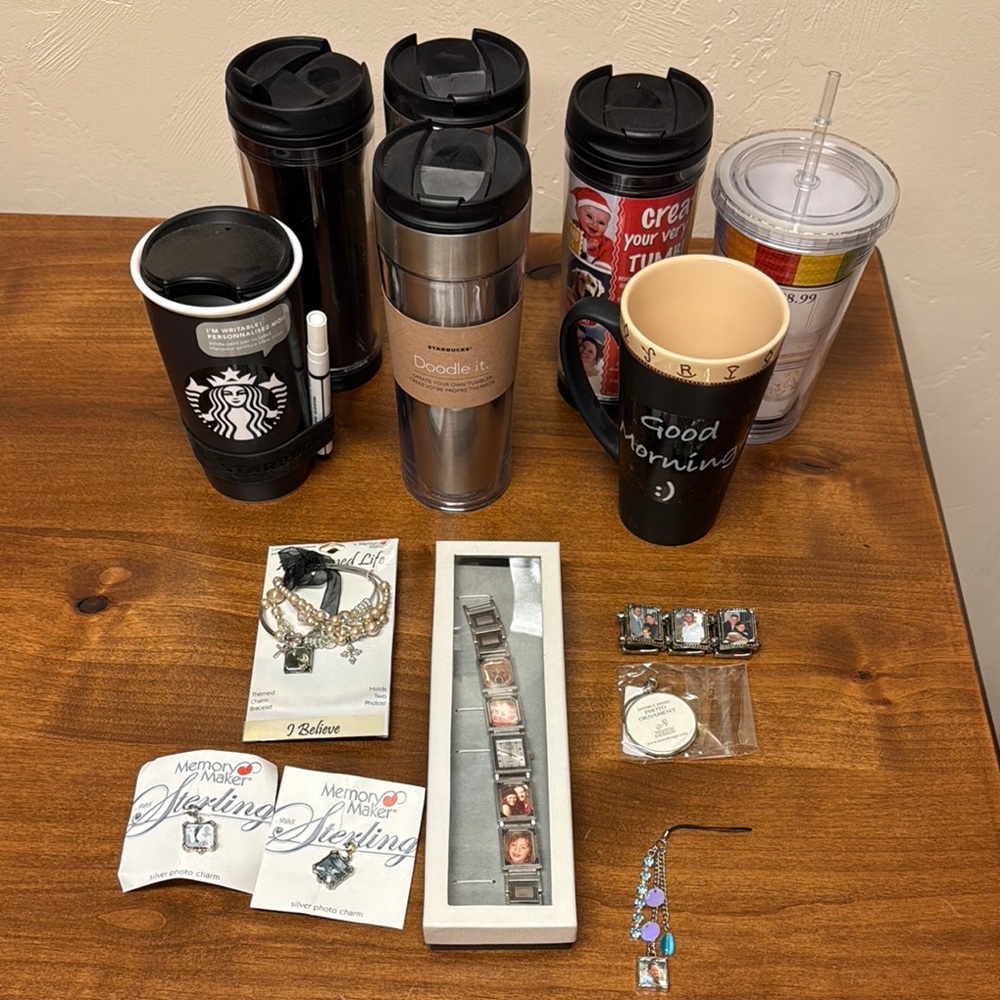 Starbucks and Assorted Travel Tumblers and Jewelry to Personalize